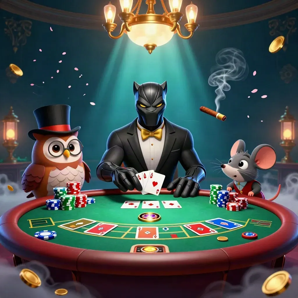 Panther, owl, and mouse in a luxe casino room with chips, cards, roulette, and gold glow.