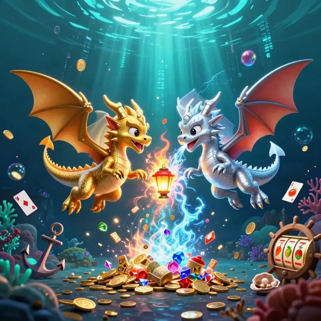 Twin gold and silver dragons clash breath in an underwater treasure cove with glowing coins and gems.