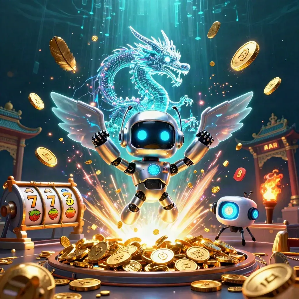 Robot mascot, holographic dragon, and coin drone amid jackpot coins, reels, temple gate, and neon casino effects.