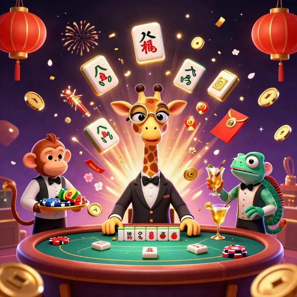 Cartoon giraffe, monkey valet and chameleon bartender amid jackpot coins, fireworks and casino symbols.