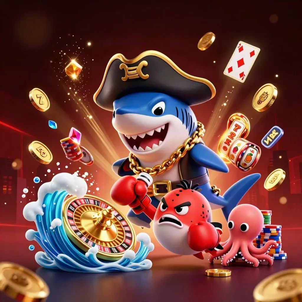Pirate shark, boxing pufferfish, and juggling octopus amid gold coins and casino glow.