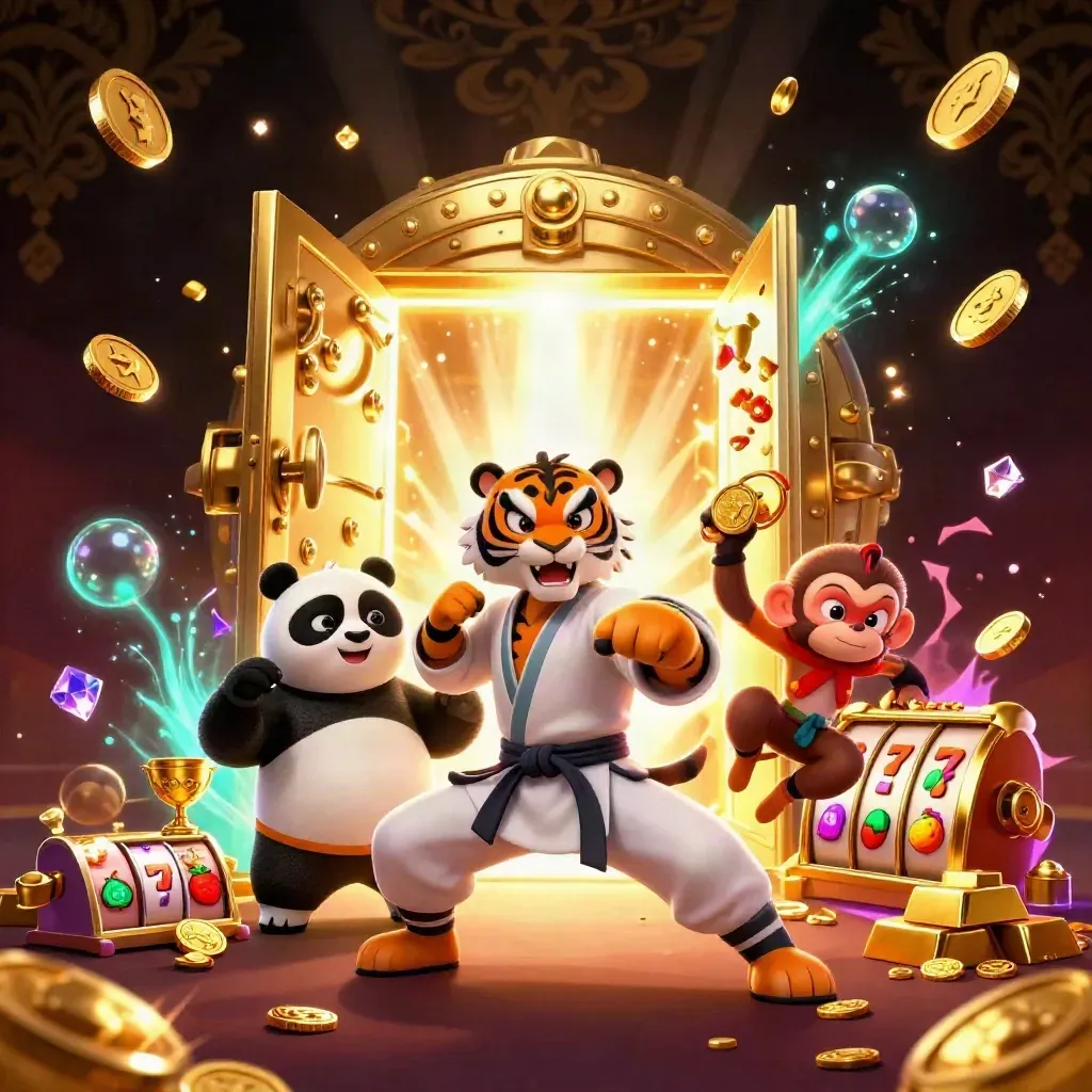 Tiger, panda, and monkey celebrate amid a bursting vault of gold, gems, and casino reels.
