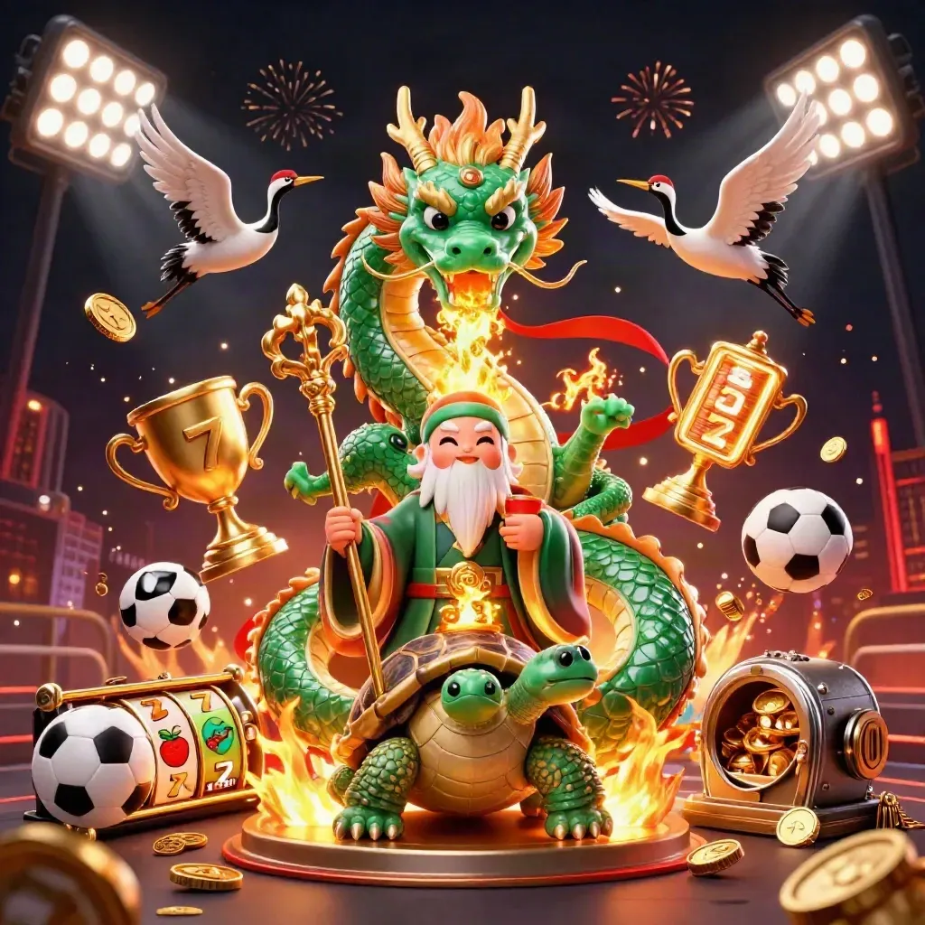 Jade dragon, turtle sage and cranes amid gold coins, fireworks, and casino jackpot glamour.