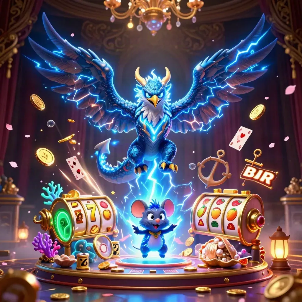Thunder dragon, wind hawk, and static mouse amid gold coins, coral, and casino reels in a luxe vault
