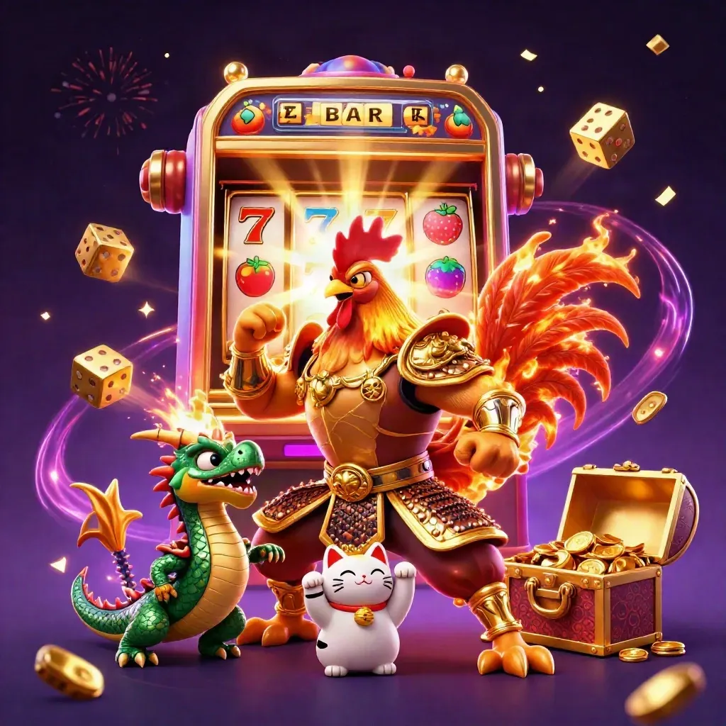 Rooster warrior, dragon hatchling, and fortune-cat amid slot machine jackpot bursts and gold