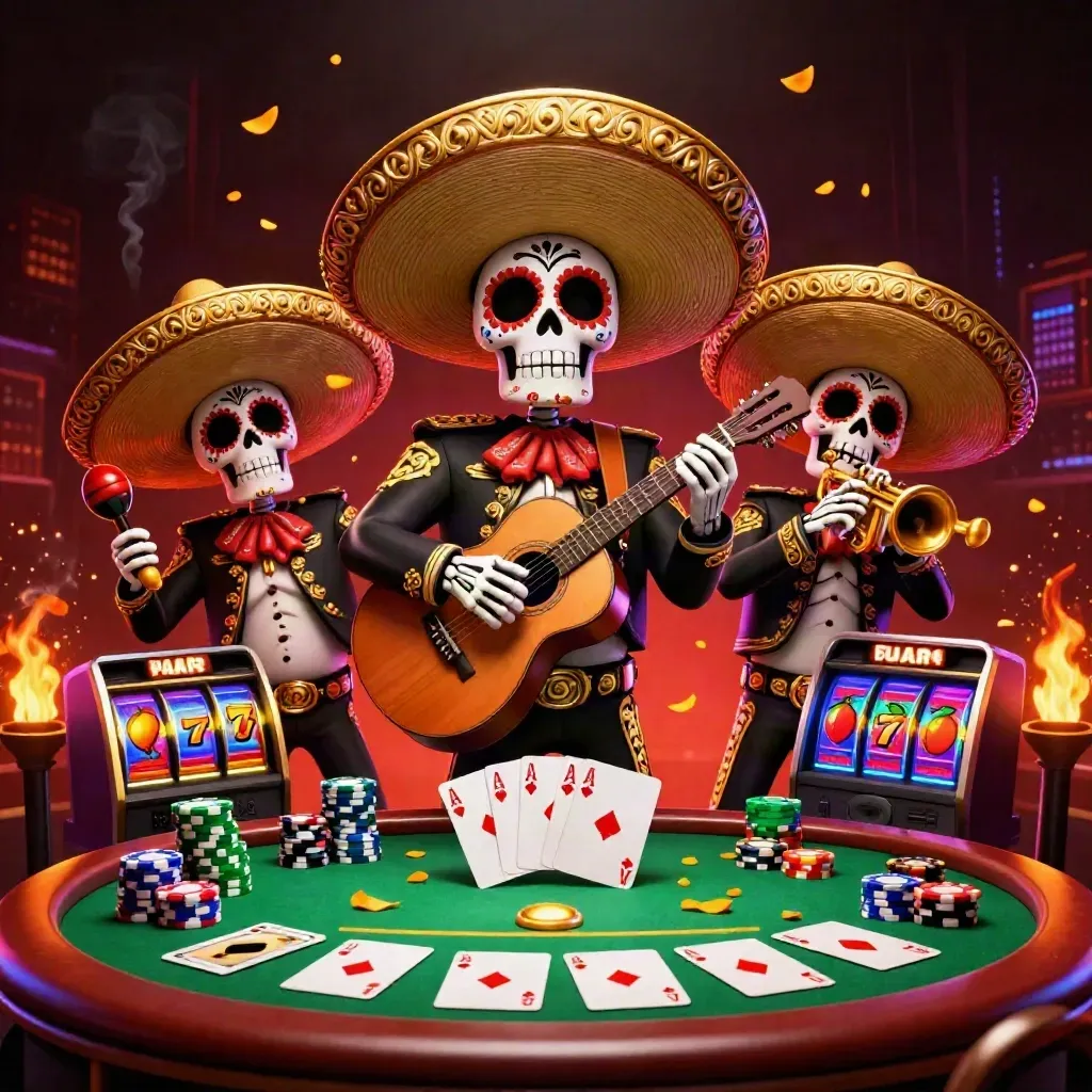Day-of-the-Dead skeleton mariachi trio amid casino chips, aces, reels, embers, and neon skyline.