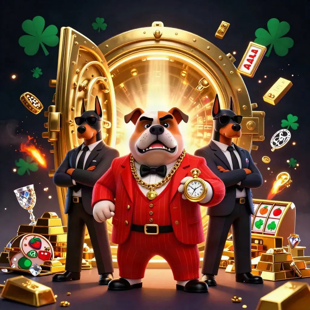 Crimson-suited bulldog boss with Dobermans before a bursting gold vault and casino sparkles.