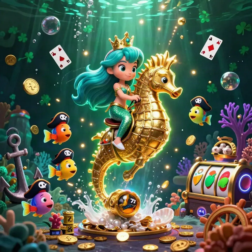 Mermaid princess on a gold seahorse in a jewel-lit treasure cove with fish, reels and jackpots.