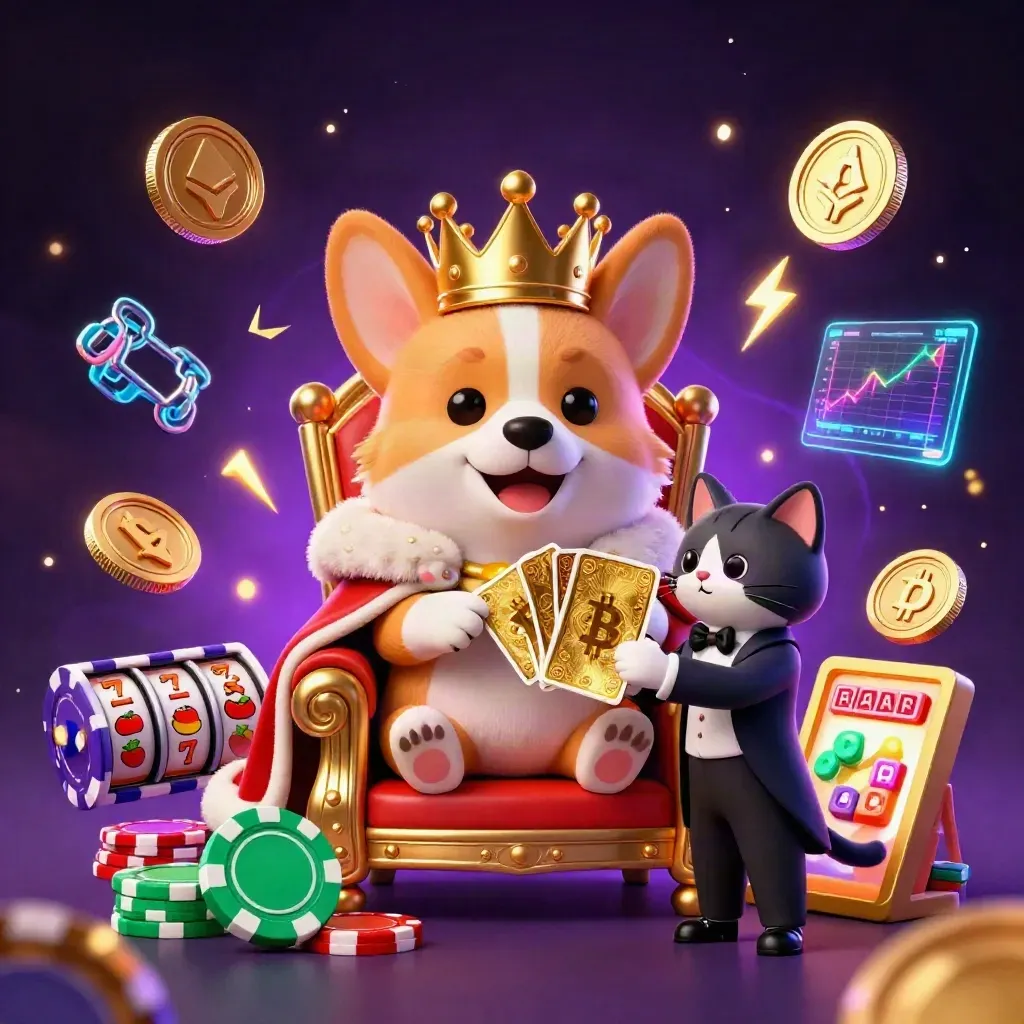 Royal corgi on chip throne with cat butler, coins, lightning, and neon casino glow
