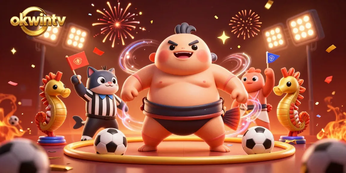 Experience thrilling sports betting action with okwintv's vibrant 3D illustration featuring a blowfish and festive elements.
