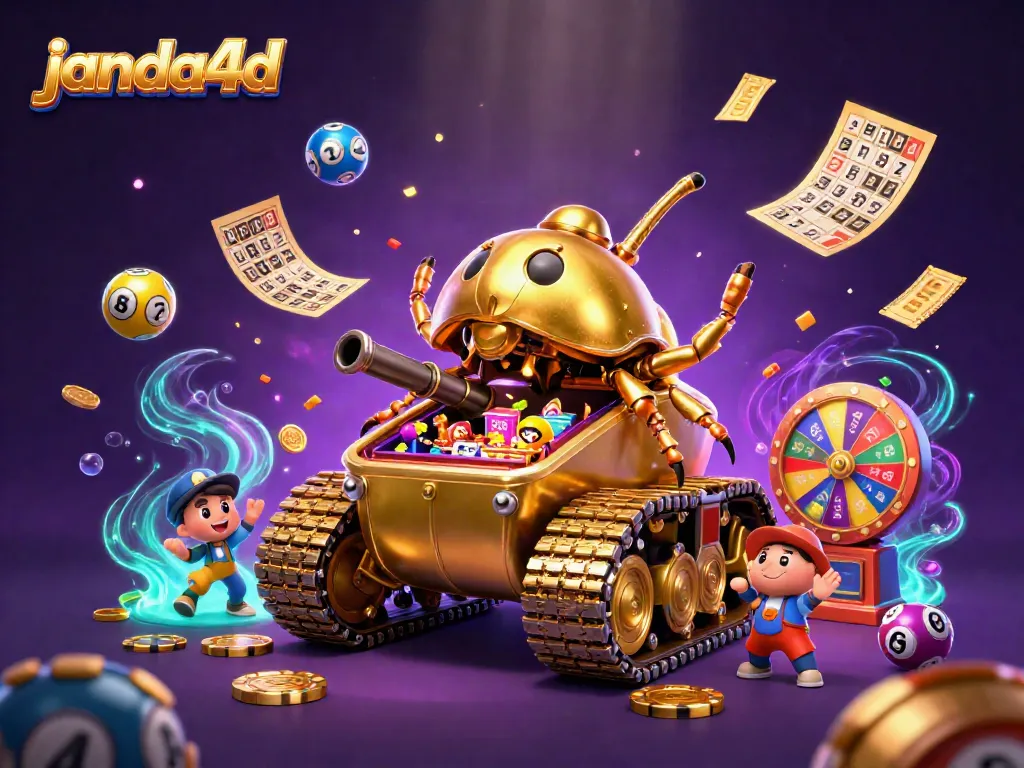 Raih kemenangan dengan janda4d dan simbol permainan keberuntungan yang bergemerlapan dalam ilustrasi 3D.