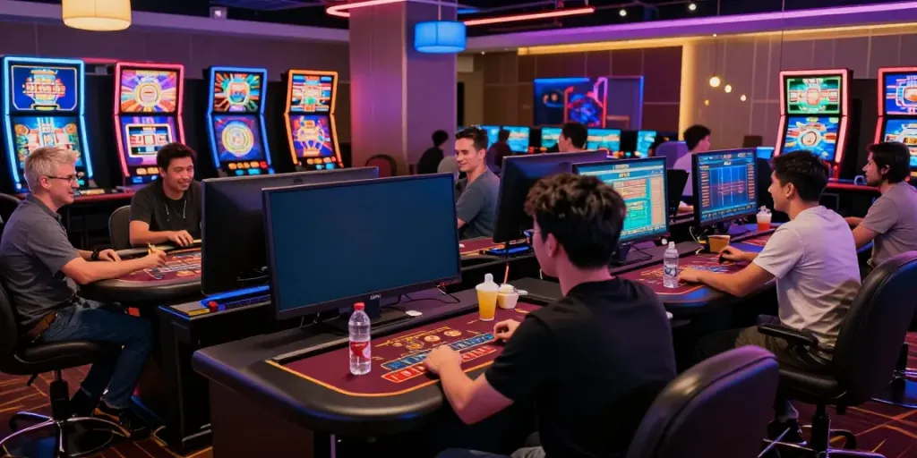 A80 online gaming platform: players engaging with colorful game interfaces in a modern virtual casino.