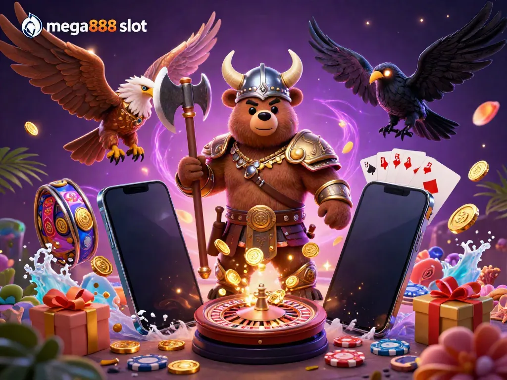 Experience mega888 slot excitement with a Viking berserker, Valkyrie eagle, and casino game elements in a colorful 3D illustration.