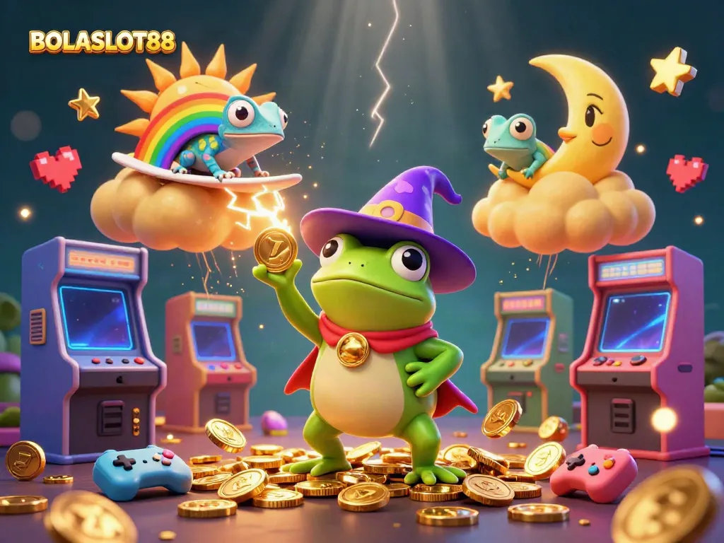 BOLASLOT88 showcases a whimsical scene of a wizard frog summoning coins and a chameleon on a cloud, enriching the gaming experience.