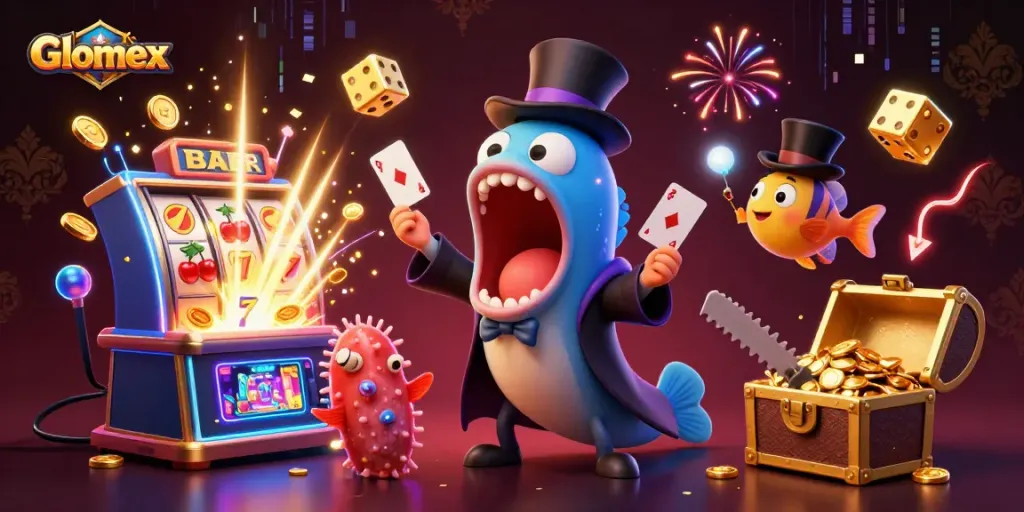 Glomex showcases a magical undersea casino scene with unique characters and vibrant games.