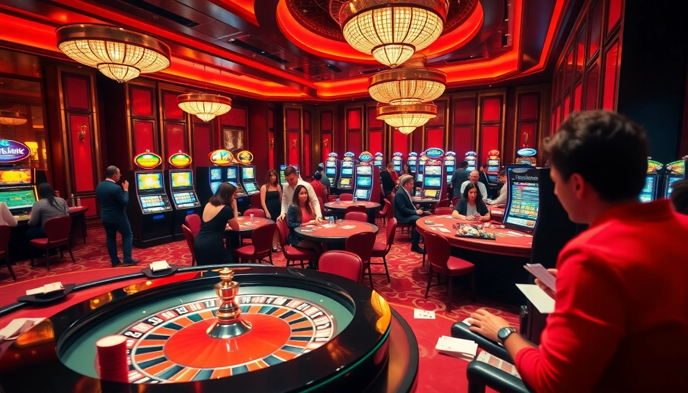 Experience thrilling gaming at MB66, showcasing roulette, poker, and vibrant slot machines.