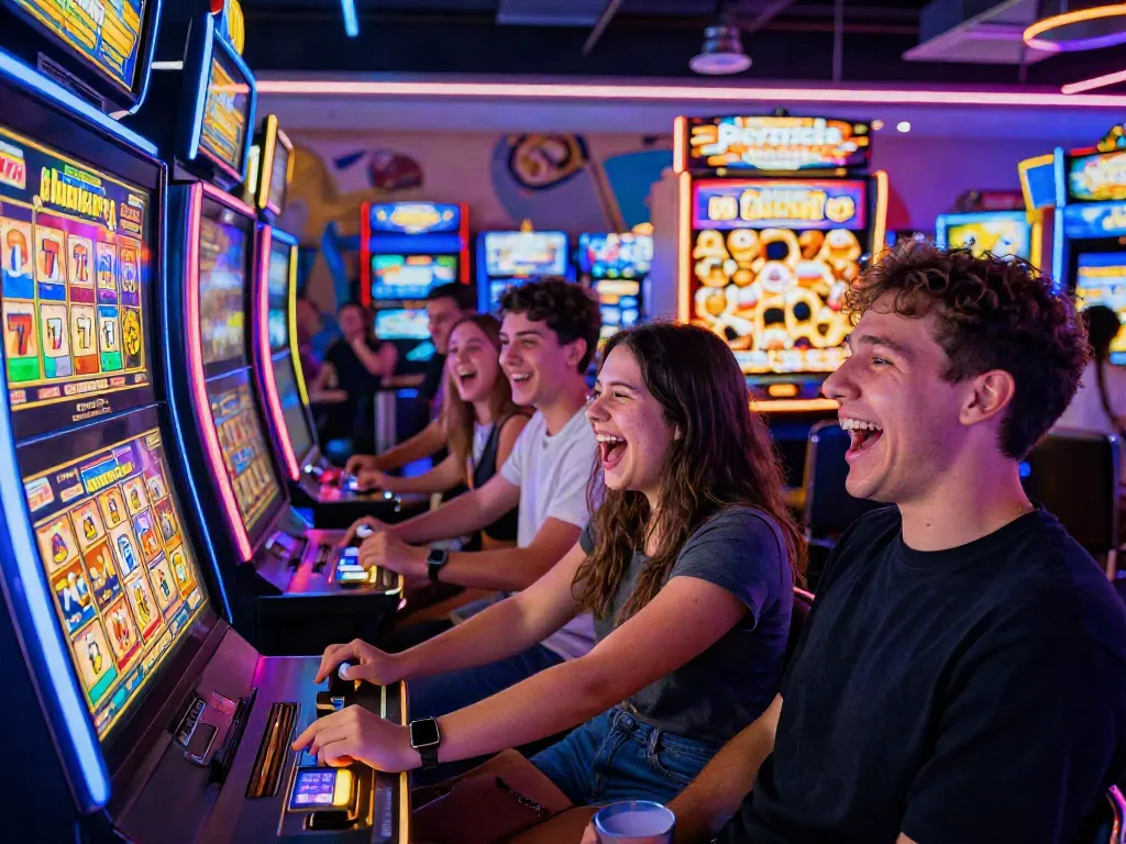 Lucky777 players celebrating a jackpot win in a vibrant arcade atmosphere.