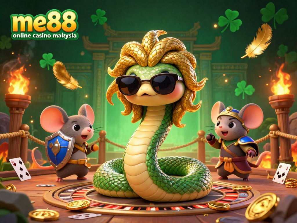 Experience the excitement of me88 online casino Malaysia with friendly Medusa and a warrior mouse in a vibrant 3D scene filled with games.