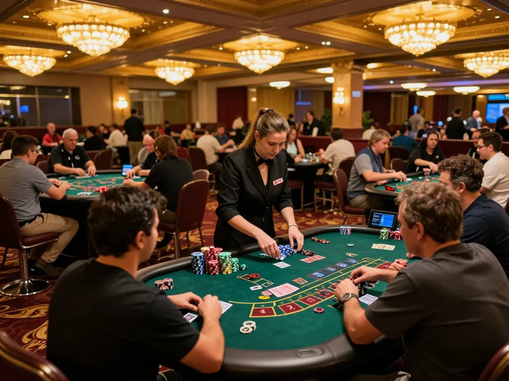 Engaged players at okfun casino tables enjoying thrilling blackjack and roulette action