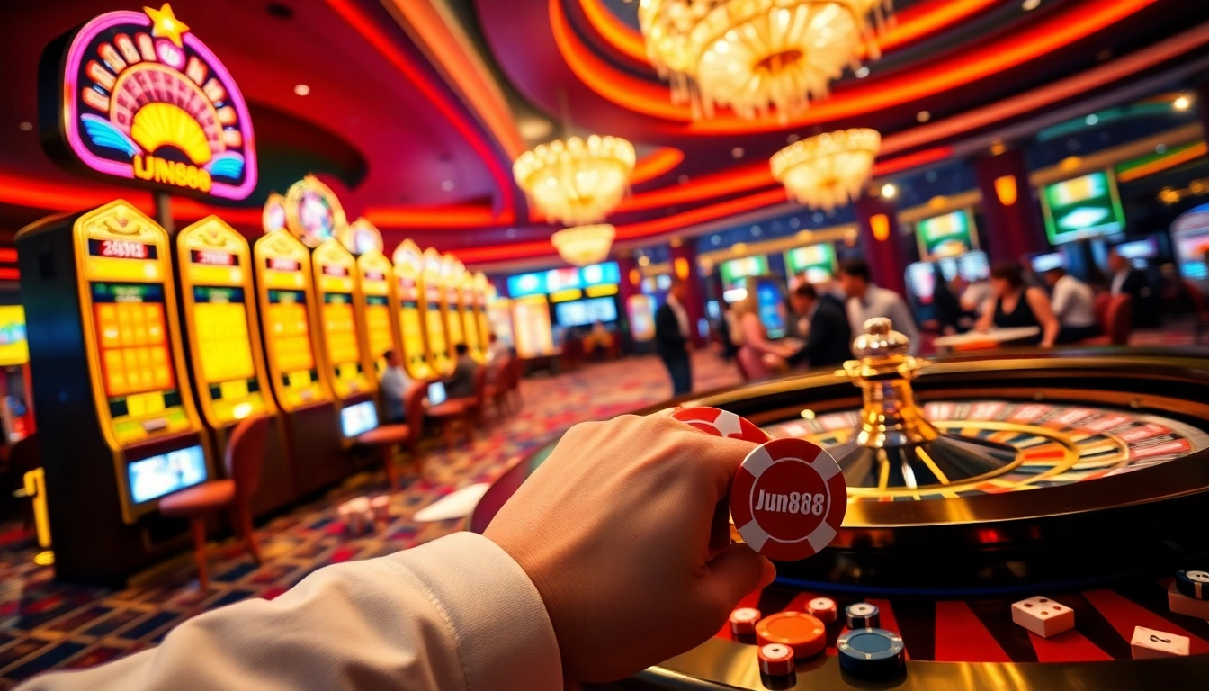 Experience the excitement of gambling at jun888 with vibrant slot machines and a lively casino atmosphere.
