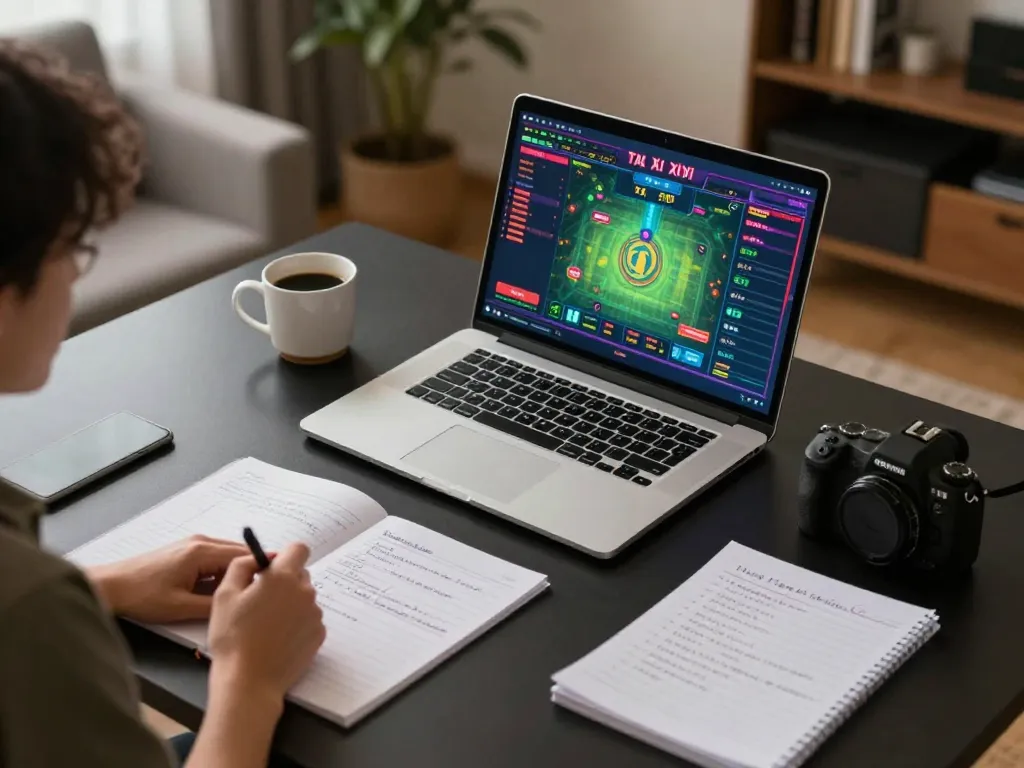 Engaging in Tài Xỉu online gaming strategy with notes and a laptop in a cozy home setup.