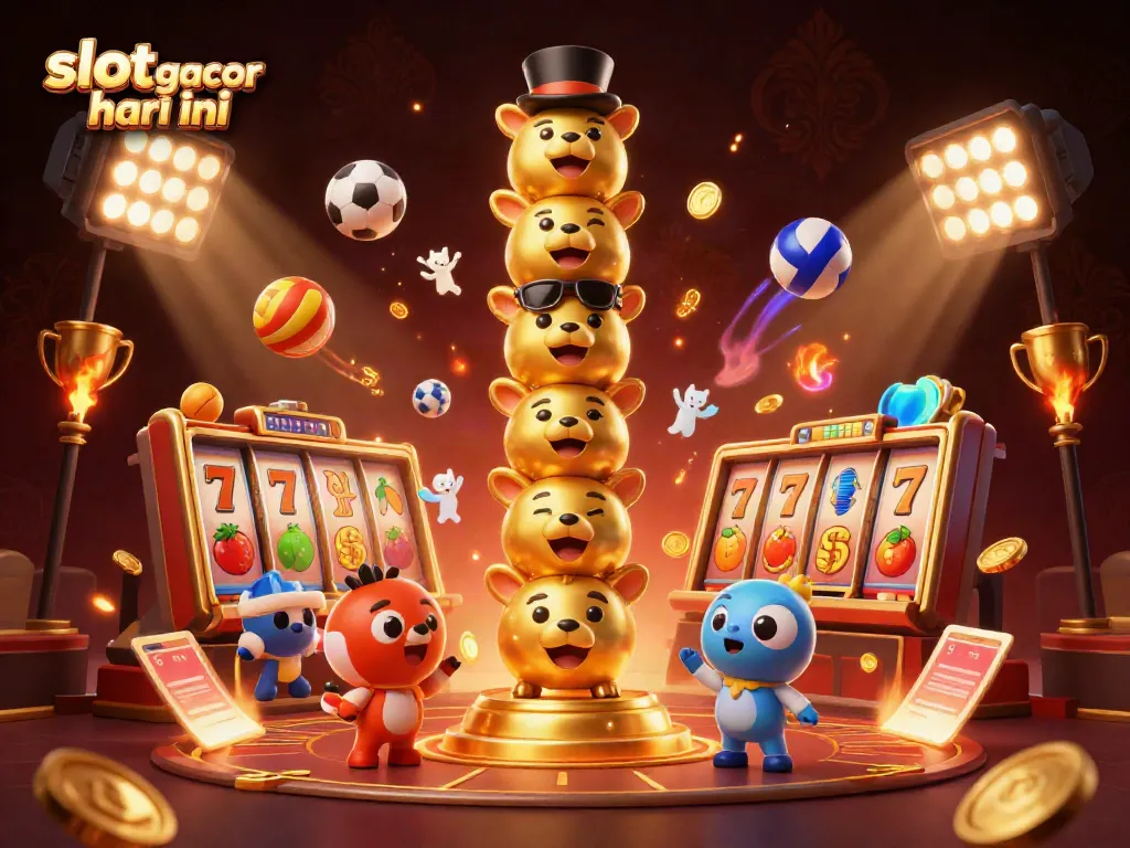 Slot gacor hari ini dengan simbol keberuntungan dan keseruan permainan slot dalam ilustrasi 3D menarik.