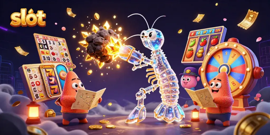 Engaging illustration of a galactic mantis shrimp themed around slot machines, showcasing vibrant gaming elements.