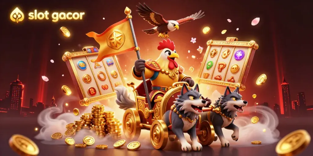 Experience thrilling slot gacor excitement with a dynamic 3D rooster warlord and golden chariot.