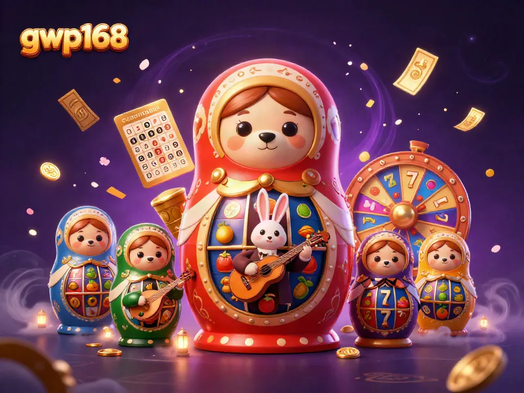 Menggoda keberuntungan dengan gwp168, beruang Matryoshka dan elemen kasino berwarna-warni.