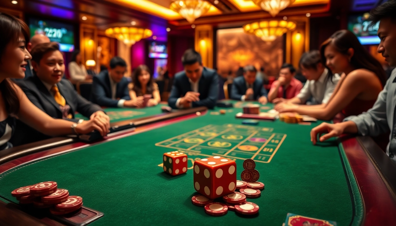 Exciting game tài xỉu atmosphere with shiny dice, poker chips, and eager players at a casino table.