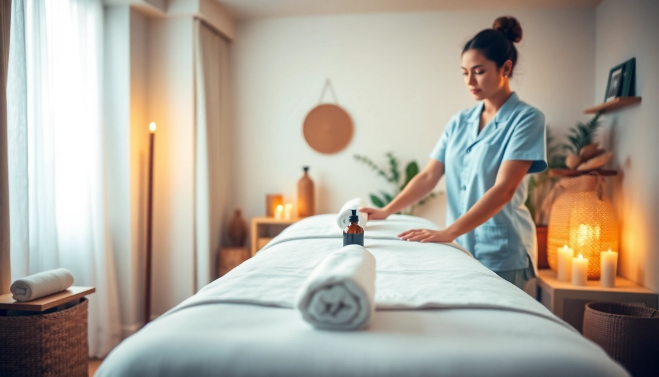 Relaxing ambiance of 오산출장마사지 showcasing a mobile massage setup in a cozy living room with soothing colors.