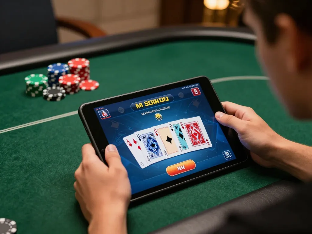 Engaging in strategic online poker gameplay on a tablet with 388bet interface.