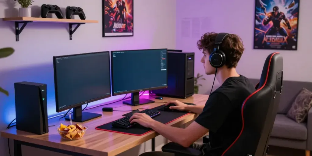 A80 website user engaged in immersive gaming experience at home.