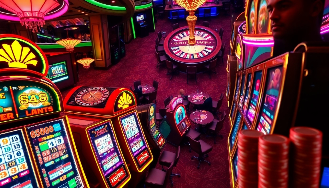 Players enjoying slot gacor excitement with vibrant machines and casino thrill.