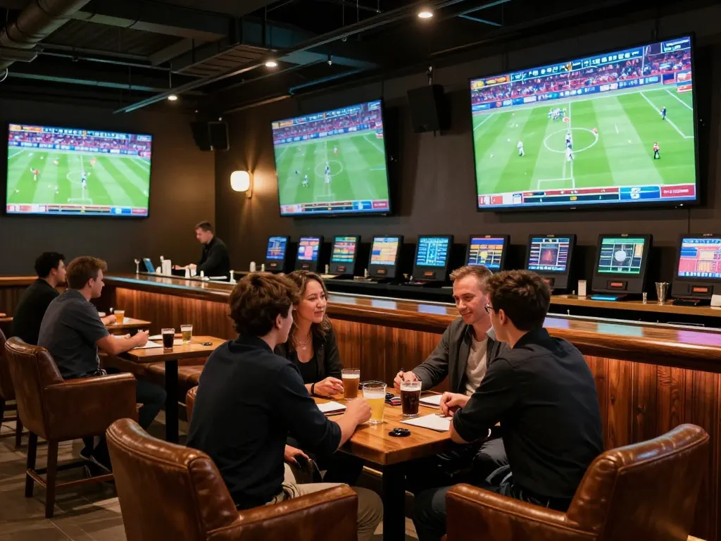 Soi kèo in an elegant sports betting lounge, showcasing patrons engaged in strategic discussions.