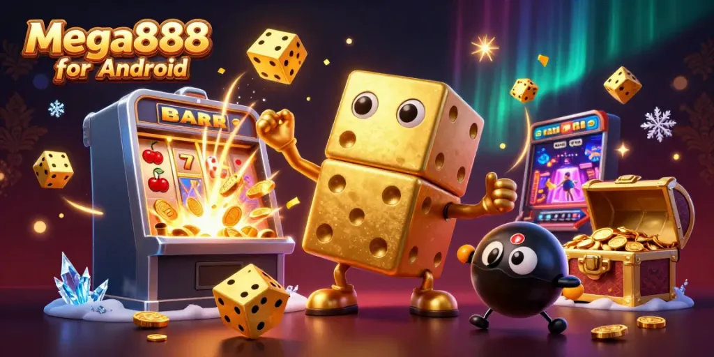 Experience the thrill of Mega888 for Android with vibrant casino elements in a dynamic 3D illustration.
