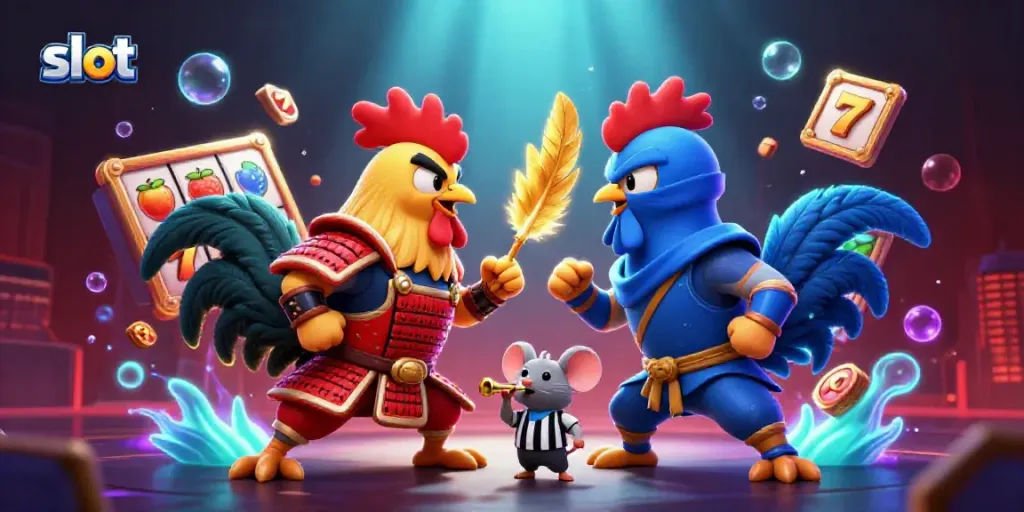 Engage in thrilling slot action with fighting roosters and vibrant jackpot visuals.