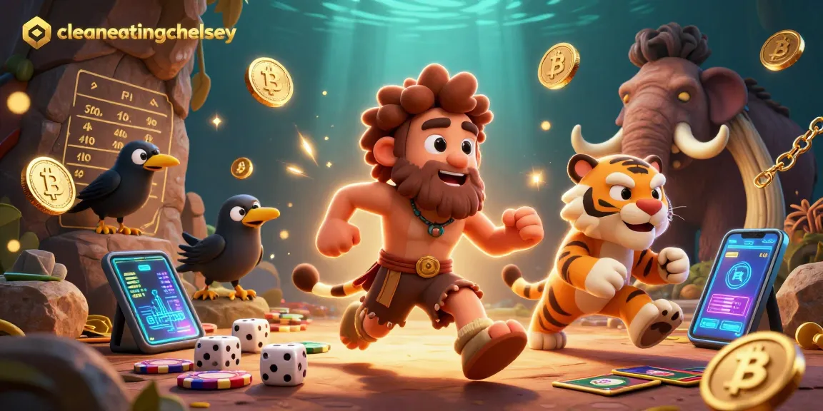 cleaneatingchelsey showcases classic gambling with a caveman and tiger duo rolling dice.