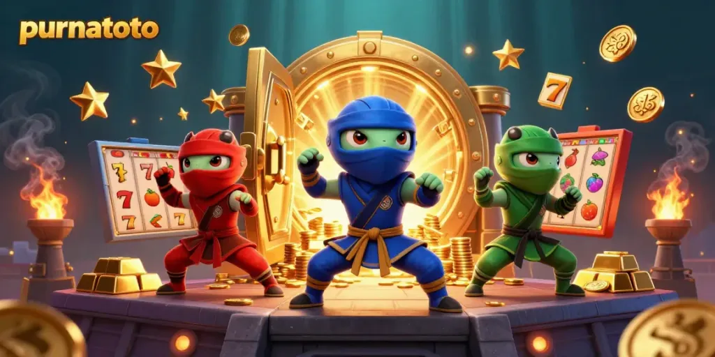 Permainan slot gacor pada platform Purnatoto, menampilkan chameleon ninja sedang beraksi dengan koin emas bertebaran.