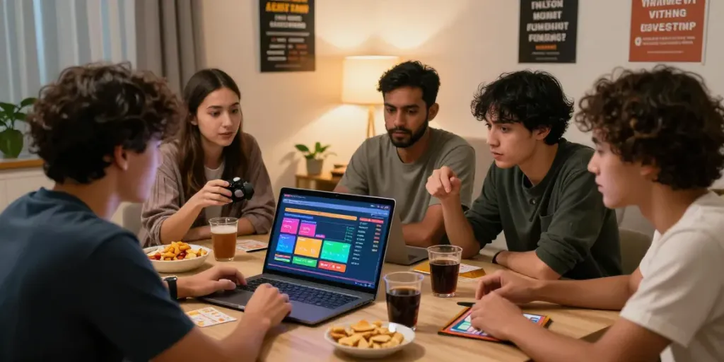 Teman-teman berdiskusi strategi togel sambil melihat data analisis di laptop, suasana santai dan penuh semangat.