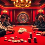 Players strategizing at a prestigious 32win poker table in a luxurious casino setting.