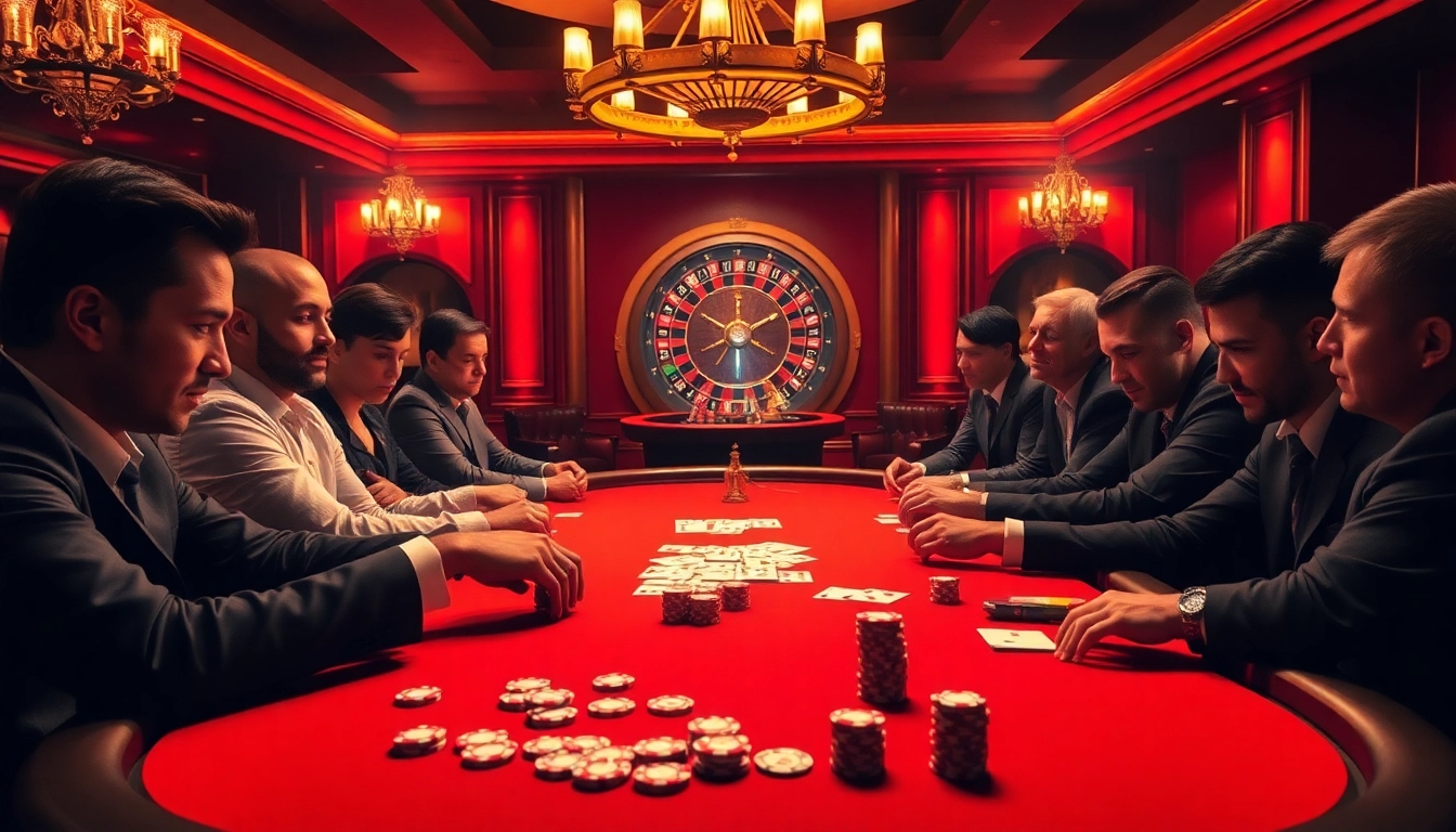 Players strategizing at a prestigious 32win poker table in a luxurious casino setting.