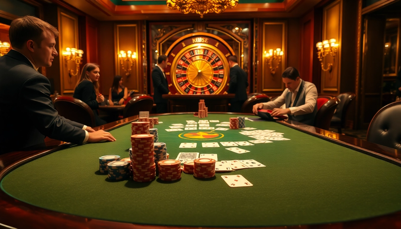 Betting chips and cards in an exciting casino atmosphere showcasing OK8386.