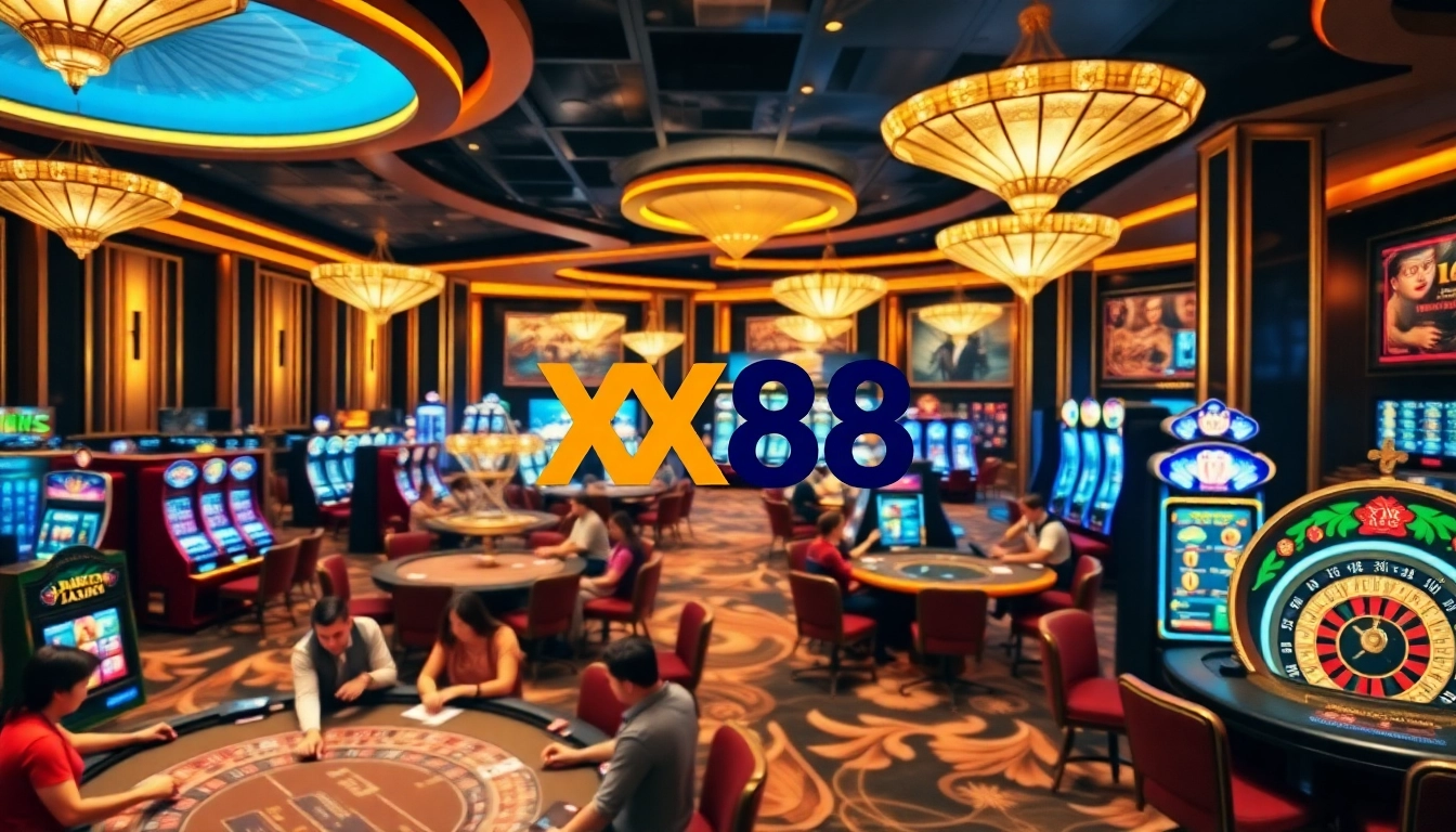 Experience thrilling gaming action at XX88's vibrant casino atmosphere with players at poker tables.
