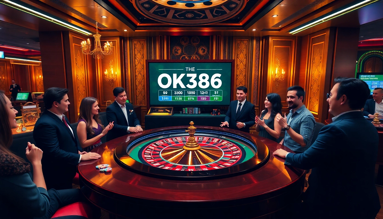 Excited players engaged in a luxurious OK8386 roulette game with vibrant chips and ambient lighting.