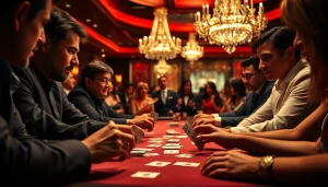 Engaged players showcasing strategic moves during an intense Poker Game at a lavish casino setting.
