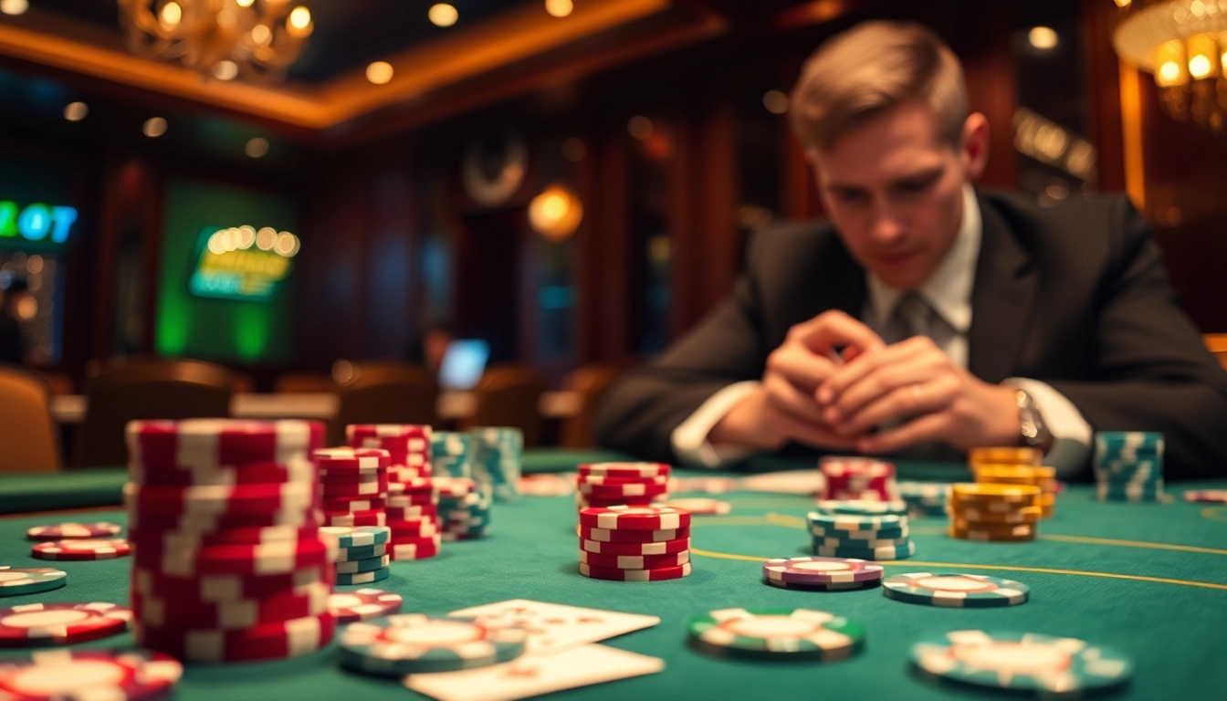 Engaging Casino scene showcasing poker dynamics with vibrant colors and atmospheric lighting.