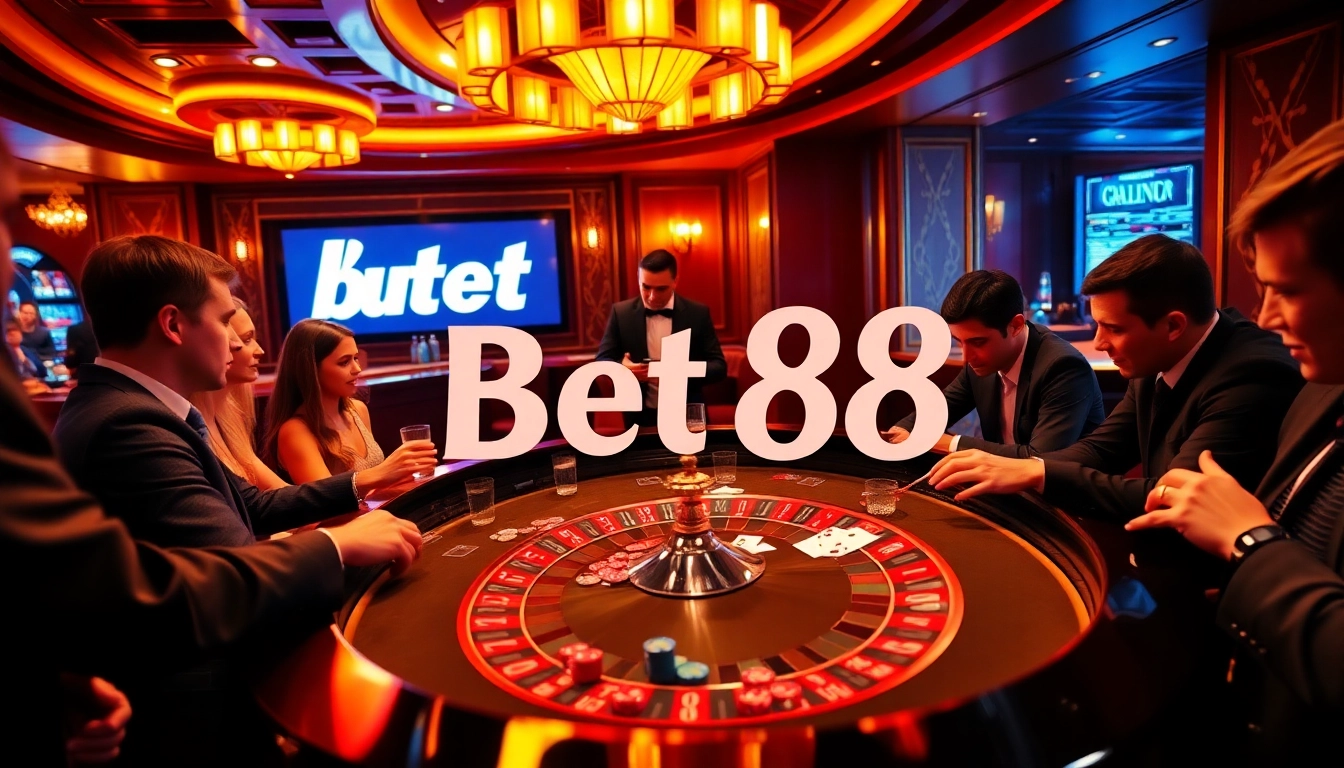 Players enjoying high-stakes action at a luxurious casino table while betting on "Bet 88".