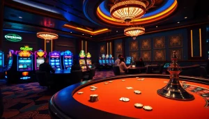 Exciting gameplay at 13Win casino with vibrant slot machines and a poker table.