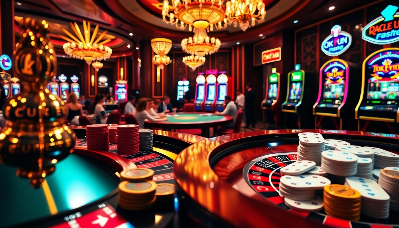 Engaged gamblers enjoying action at Okfun casino with roulette and poker tables.